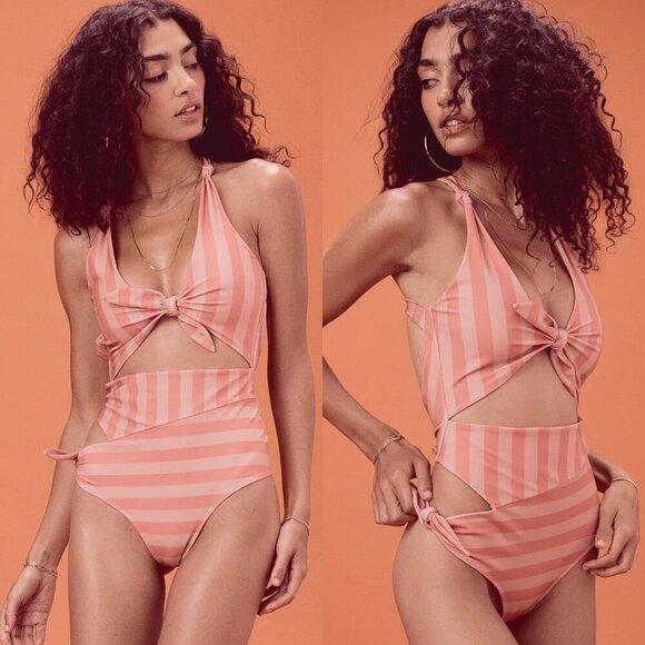 NWT For Love & Lemons Pink Striped Tahiti One Piece Swimsuit - Picture 1 of 7